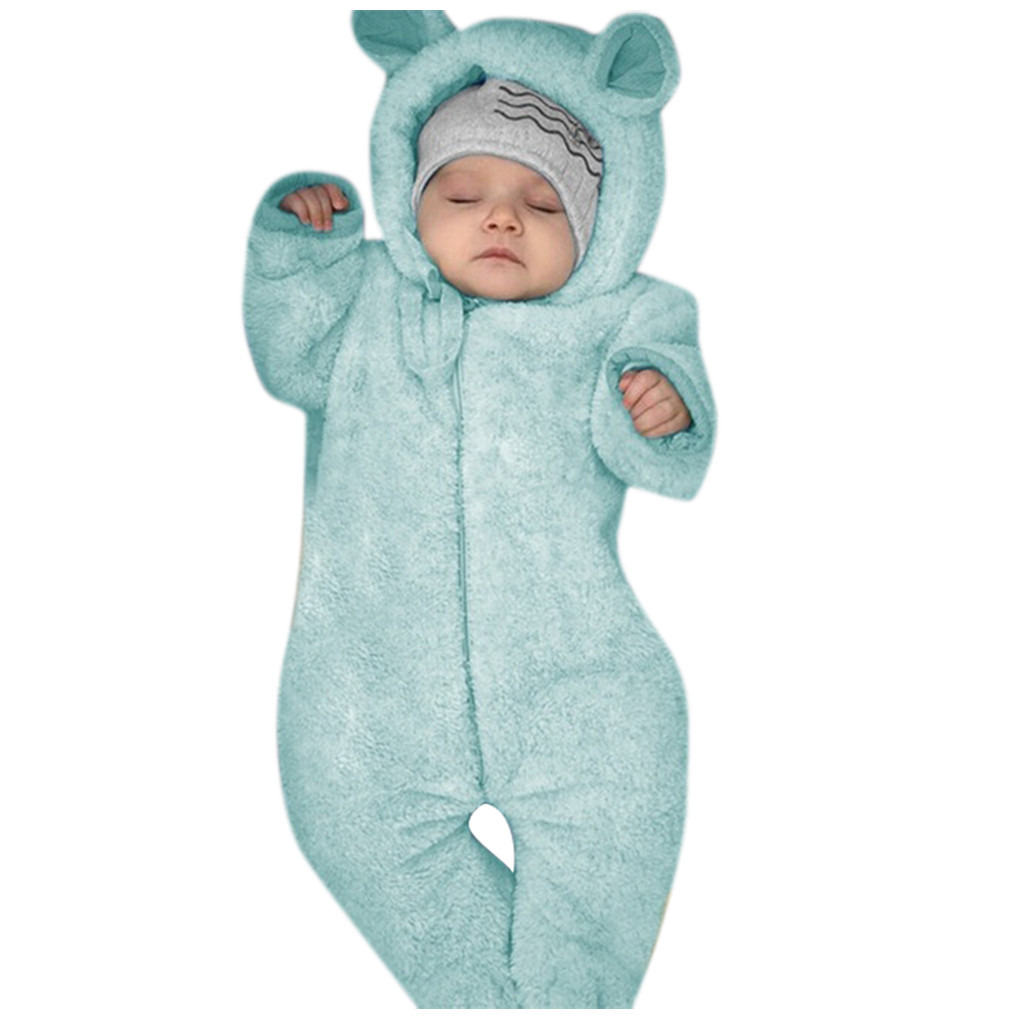 Newborn Baby Boy Winter Fleece Jumpsuit Infant Solid Hooded Baby Romper Warm Coat Outwear Winter Baby Clothes