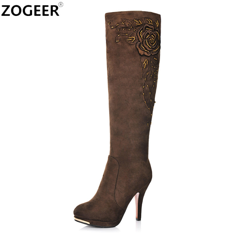 Quality Suede Women's High Boots Fashion Heeled Knee High Boots Female Zipper Sexy beading Rose Embroider Brown Blue Shoes Woman