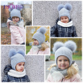 ENJOYFUR Fox Fur Pompom Kids Winter Hats For Girl Boy Warm Fleece Lined Children Knit bonnets New Autumn Cute Baby Ear Beanies