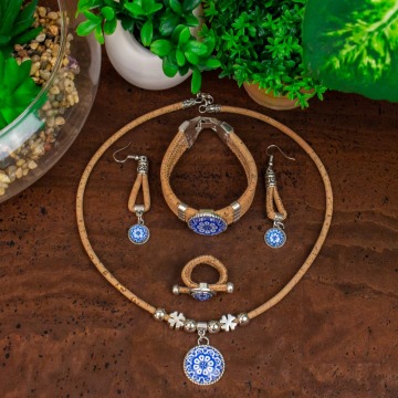 Cork jewelry set from Portugal traditional ceramic tile pattern blue flower original Natural materials wooden jewelry SET-070-1