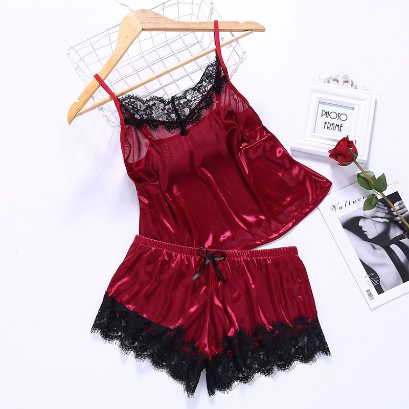 Women's Sleepwear Sexy Satin Set Black Lace V-Neck Pyjamas Sleeveless Cute Cami Top and Shorts Pijama Mujer Algodon Veran