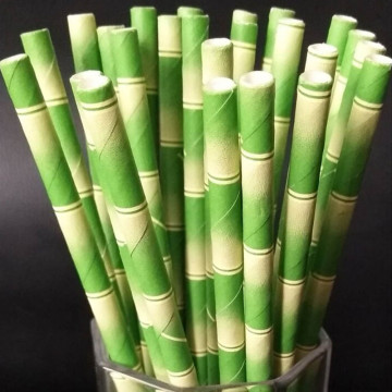 25PCS Bamboo Pattern Paper Decoration Wedding Party Supplies Creative Straw Biodegradable Paper Straw (Green Flat Mouth)