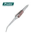 Pro'sKit 1PK-117T Wooden Handle Stainless Steel Curved Tweezers(164mm)Reverse Action Cross-Leg Soldering Tweezer Machining Tools