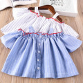 Girls blouse shirt summer off shoulder striped linen tops blue/ white slash shirts outfit with button for baby girl