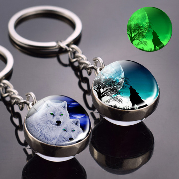 Glow in the Dark Wolf Key Chain Howling Wolf and Moon Keyring Double Side Glass Ball Keychain Wolf Head Pendant Key Ring