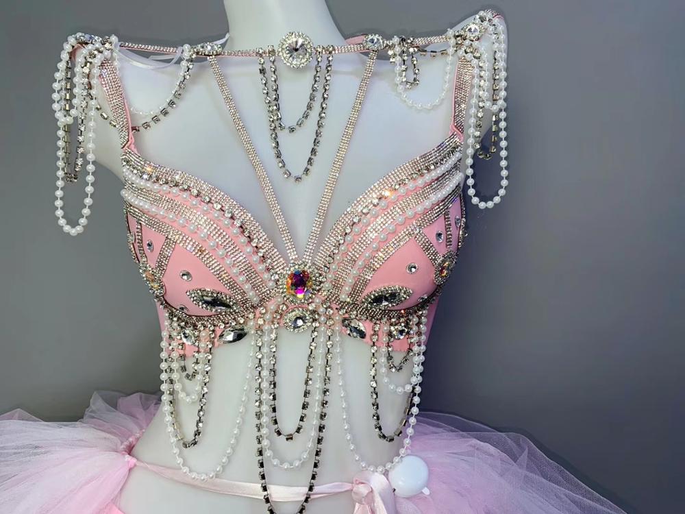 Pink Beads Rhinestones Bikini 3-Pieces LED Dance Outfit Bar Club Party Show Women Stage Wear Dance Team DJ Performance Costume