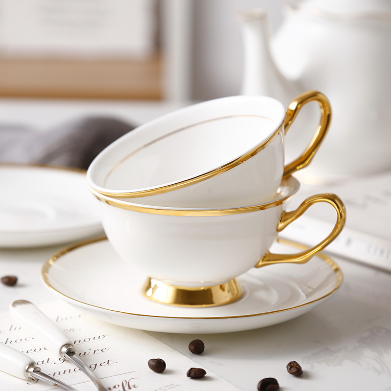 Gold Inlay Bone China Tea Cup Saucer Spoon Set 200ml Luxury Ceramic Coffee Cup Advanced Porcelain Teacup Party Teatime Drinkware