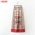 Tangada summer woman floral print red wide leg pants bow tie pocket retro female streetwear casual trousers mujer XD290