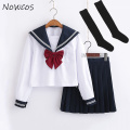 Cute Sailor suit Long sleeve JK School uniform sets for girls White shirt and dark blue pleated skirt suits Student Cosplay