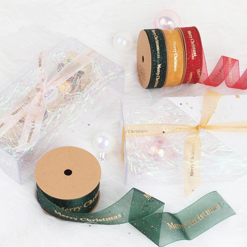 4.5-9 M/roll Organza Ribbon Snow Yarn Merry Christmas Printed Gift Wrapping Decoration Christmas Silk Golden Bronzing Ribbons