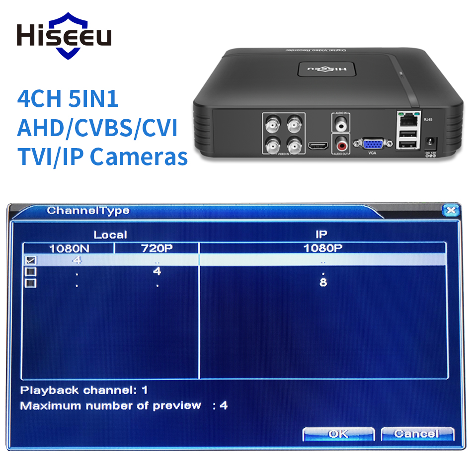 5 in 1 CCTV Mini DVR TVI CVI AHD CVBS IP Camera Digital Video Recorder 4CH 8CH AHD DVR NVR CCTV System P2P Security Hiseeu