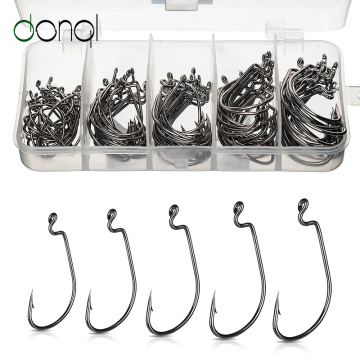 DONQL 50/100pcs Wide Crank Fishing Hooks Carbon Steel Offset Fishhook 3/0#-2# Bass Barbed Carp Fishing Hook For Soft Worm Lure