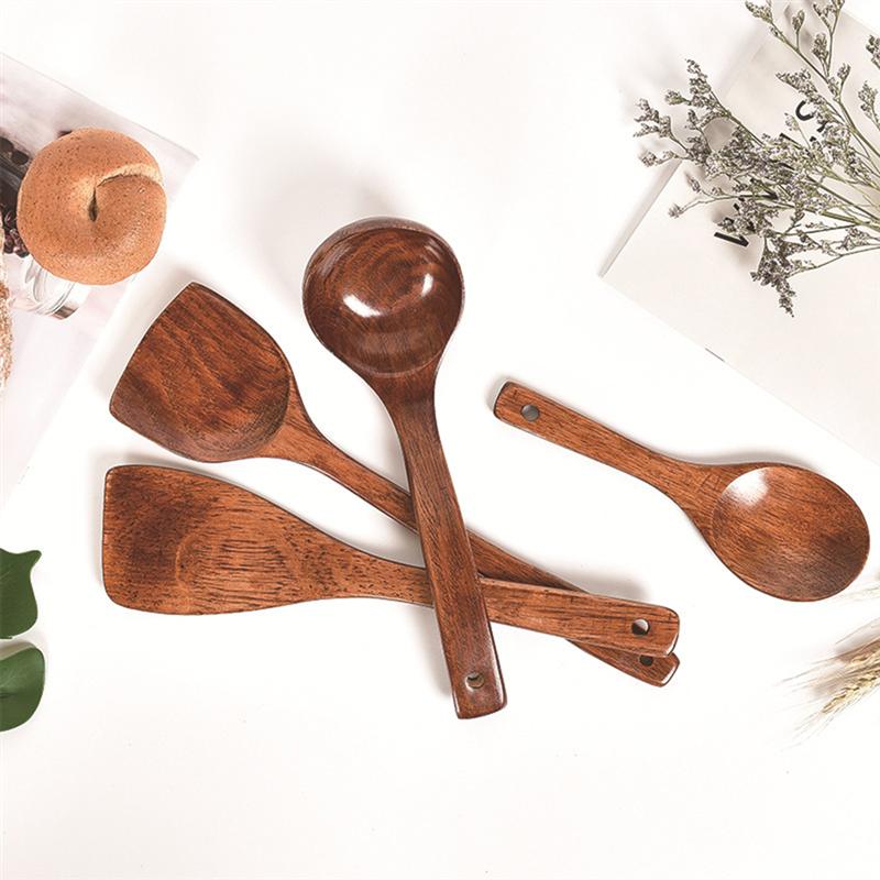 4pcs Wooden Cooking Tool Sets Wooden Soup Spoon Practical Spatula Food Serving Scoop Kitchen Utensil Wood Tableware For Home
