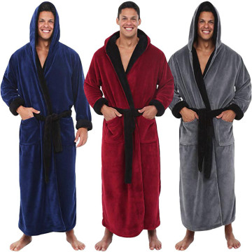 Men's Winter Lengthened Plush Shawl Bathrobe Home Clothes Long Sleeved Hooded Robe Coat Sleepwear Pajama Nightgown Oversize