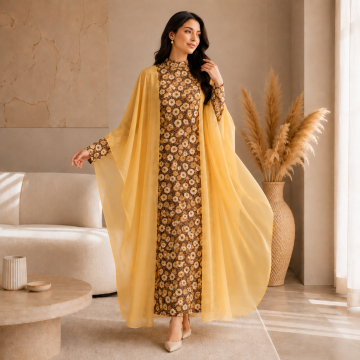 Golden Floral Printed Abaya Women Elegant Modest Dress