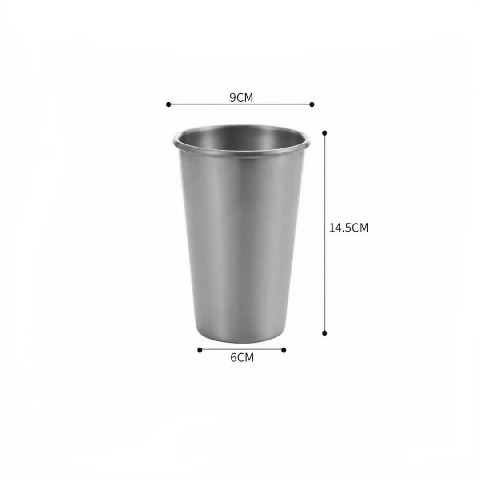 A cup made of stainless steel.