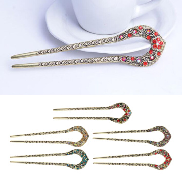 Chinese Rhinestones U Shape Hair Stick Chignon Bun Pin Clip Hair Accessories