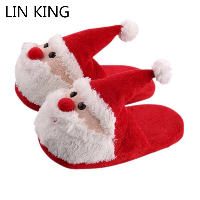 LIN KING Sweet Cartoon Santa Claus Winter Home Slippers Women Men Kids Warm Fur House Cotton Shoes Christmas Family Slides Shoes