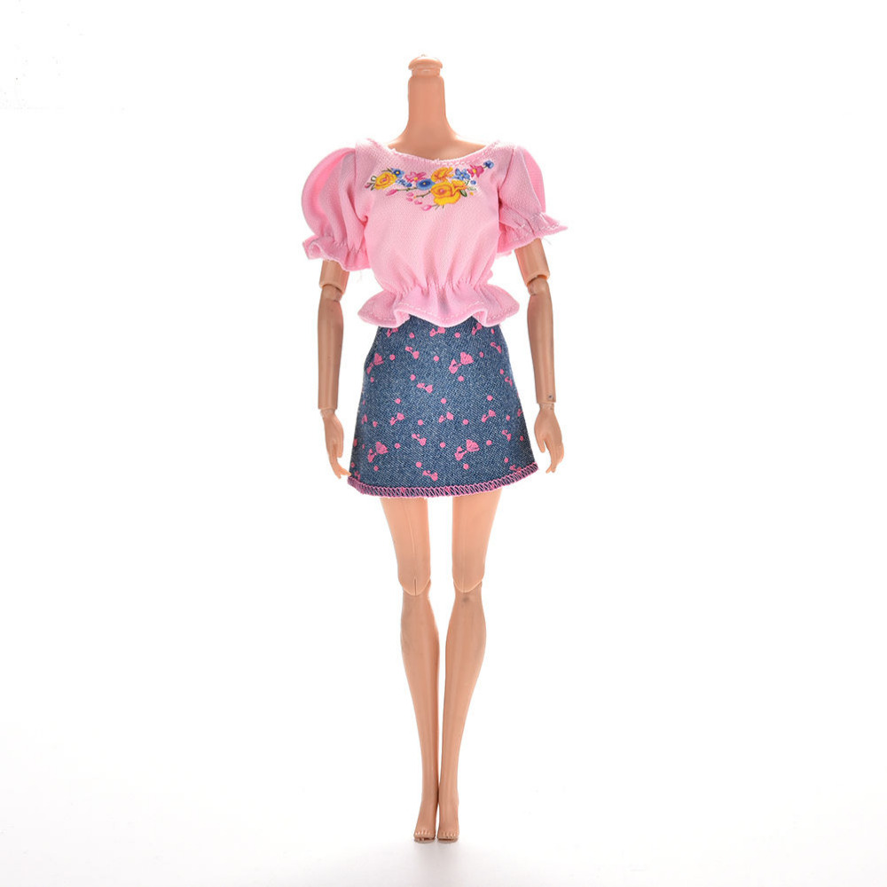 1pc Pink Clothes Sets Summer Short Sleeve Flower Print Doll Dress elegant Skirt For Barbie Doll