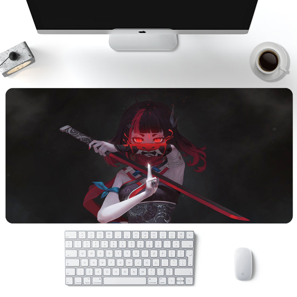 LED Mousepad RGB Glow Redhead Anime Girl with Red Eyes Weapon Sword XXL Big Black Mouse Pad 90x40cm Desk Pad Custom Mause Carpet