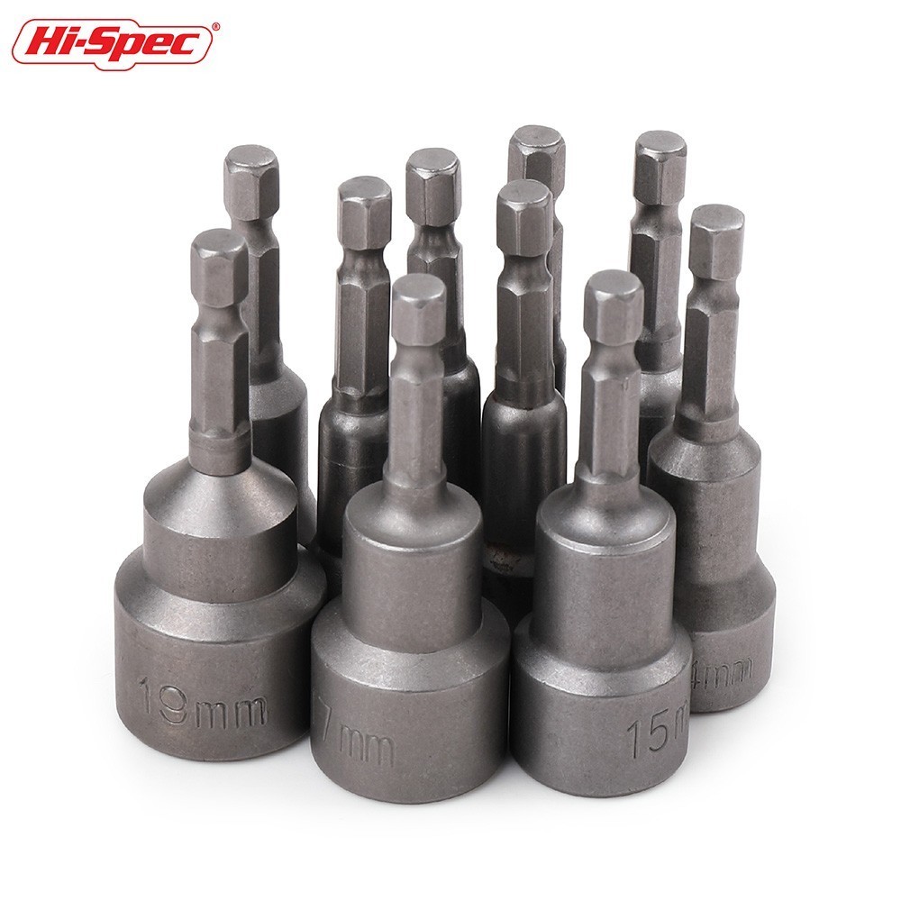 Hi-Spec 10pc Magnetic Power Nut Driver Drill Bit Set 65mm 6-19mm Hex Shank Socket Set Screwdriver Nut Driver Impact Drill Bits