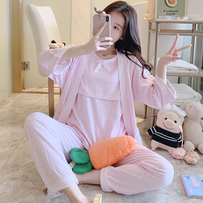 1677# 100% Cotton Maternity Nursing Sleepwear 3PCS/set Breastfeeding Pajamas Sets Pregnancy Breast Feeding Sleep Lounge Wear