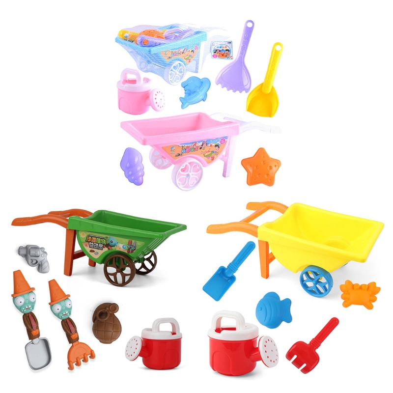 7 Pcs Outdoor Wheelbarrow Beach Toys for Kids Summer Sand Toys for Building Sand Castles Molds