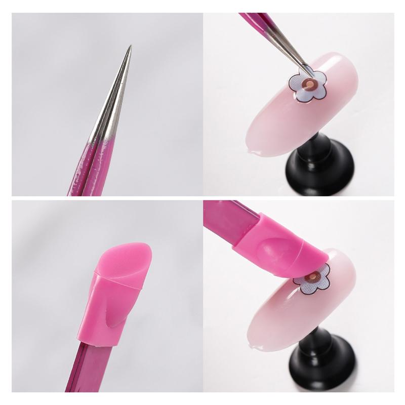 Nail Tweezers with Silicone Pressing Head for Sticker Rhinestones Picker Straight Curved Manicuree Nail Art Tool Stainless Steel