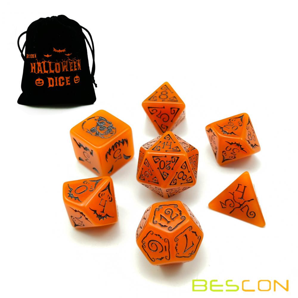 Bescon Glowing Halloween Polyhedral Dice 7pcs Set, Luminous Halloween RPG Dice Set, Glow in Dark Halloween DND Game Dice