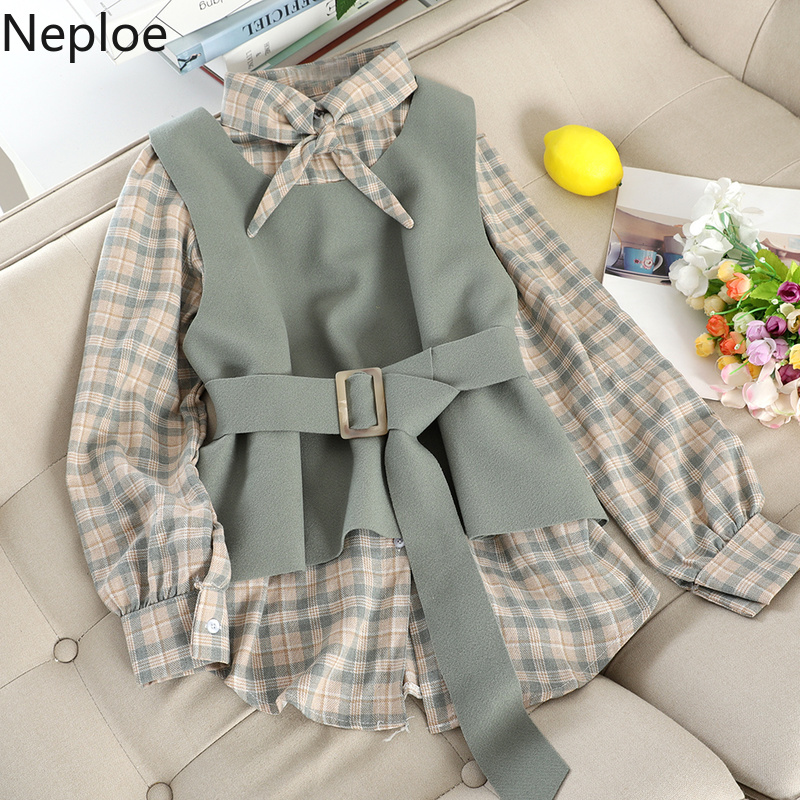 Neploe Retro Plaid Single-breast Loose Bottom Shirt + Slim Waist Belt Woolden Vest Autumn Elegant 2 Pcs Women Set 2021 New 46998