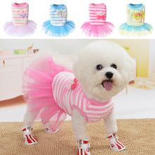 Sweet Striped Mesh Dog Dresses For Small Dogs Flannel Warm Puppy Dress Trendy Bowknot Dog Princess Dress Cute Pink Pet Supplies