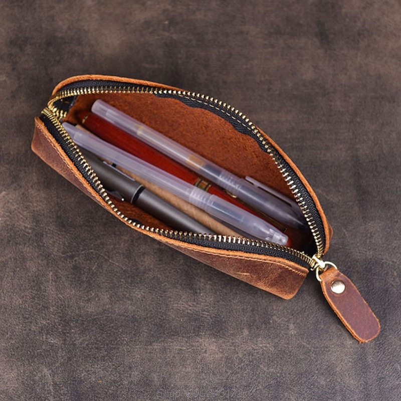 Handmade Genuine Leather Pencil Bag Vintage Retro Style Cowhide Zipper Pen Case School Bag Office Stationery S28 20 Dropship
