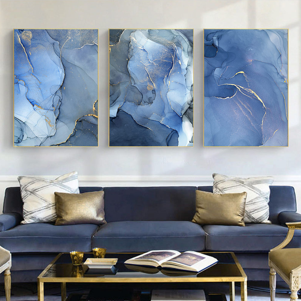 Blue Marble Texture Golden Border Wall Art Canvas Modern Abstract Posters And Prints Nordic Painting Pictures Home Decoration