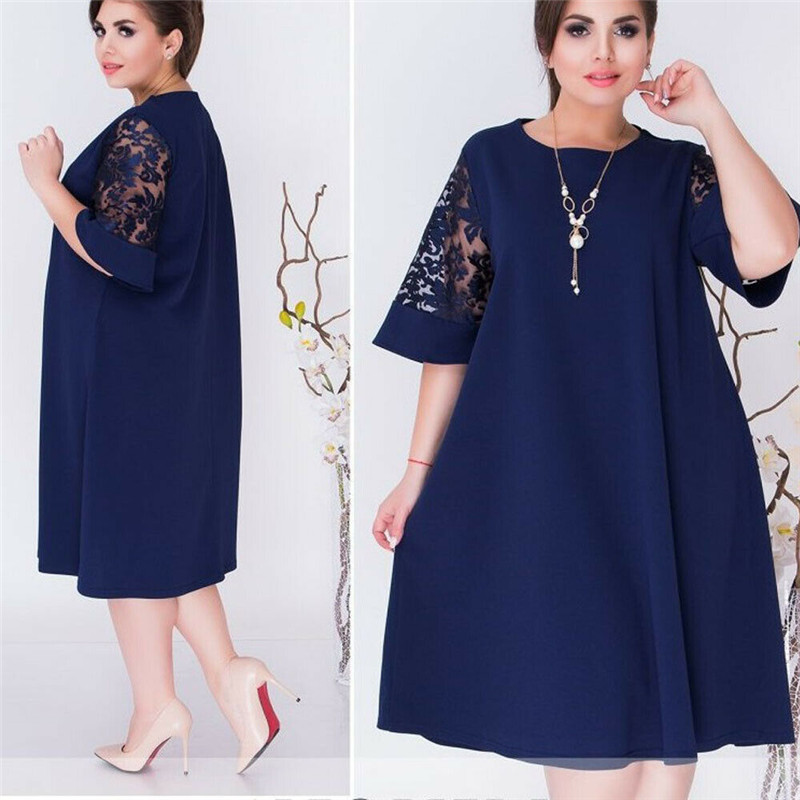 Hot Fashion Women Sexy Crew Neck Lace Short Sleeve Summer Dress Ladies Loose Casual Dresses Female Solid Color Dresses Plus Size