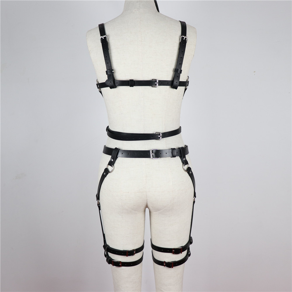 Ronllona Leather Harness Underwear 2 Piece Sets Garter Belts Sexy Women Waist To Leg Leather Cage Straps Bra Garters Body Belts