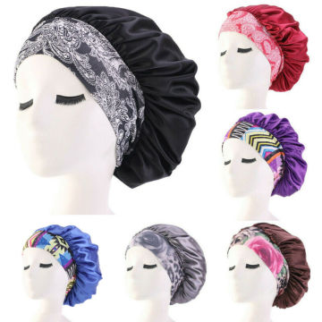 Women Satin Night Beauty Salon Sleep Cap Cover Hair Bonnet Hat Silk Head Wide Elastic Band For Curly Springy Hair Chemo Cap