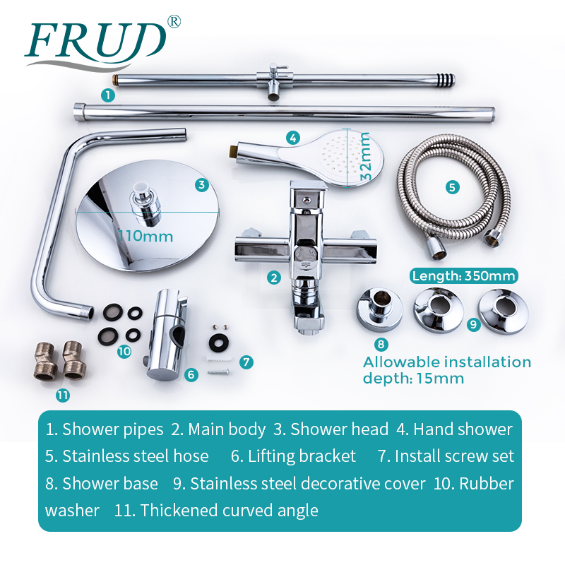 FRUD High Quality Chrome Bath Shower Mixer Faucet Rotate Tub Spout Bathroom Wall Mount Rainfall Shower System With Handshower