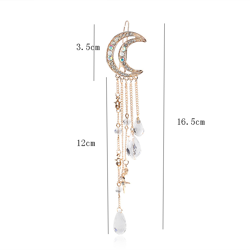 Fashion Elegant Women Lady Moon Rhinestone Crystal Tassel Long Chain Beads Dangle Hairpin Hair Clip Hair Jewelry