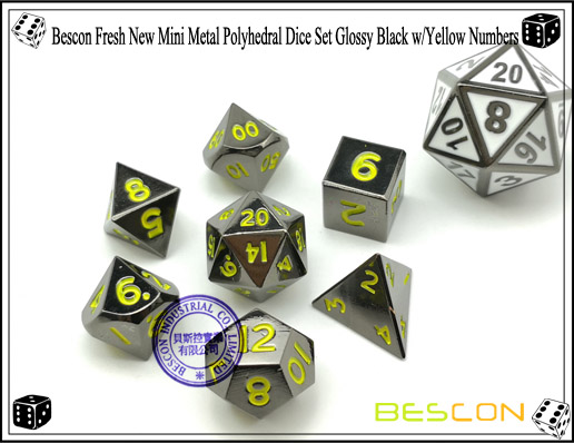 Bescon Fresh New Mini Metal Polyhedral Dice Set Glossy Black with Yellow Numbers-1