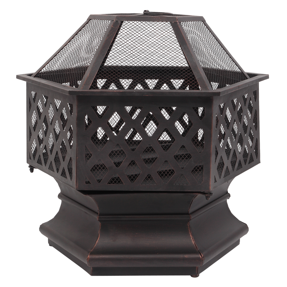 Portable Courtyard Metal Fire Pit 22" Hexagonal Shaped Iron Brazier Wood Burning Fire Pit Decoration for Backyard Poolside