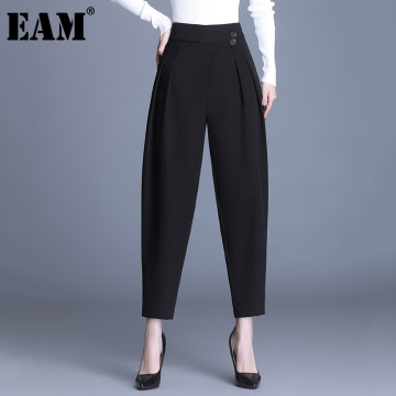 [EAM] High Elastic Waist Black Leisure Long Harem Trousers New Loose Fit Pants Women Fashion Tide Spring Autumn 2021 1DD0467