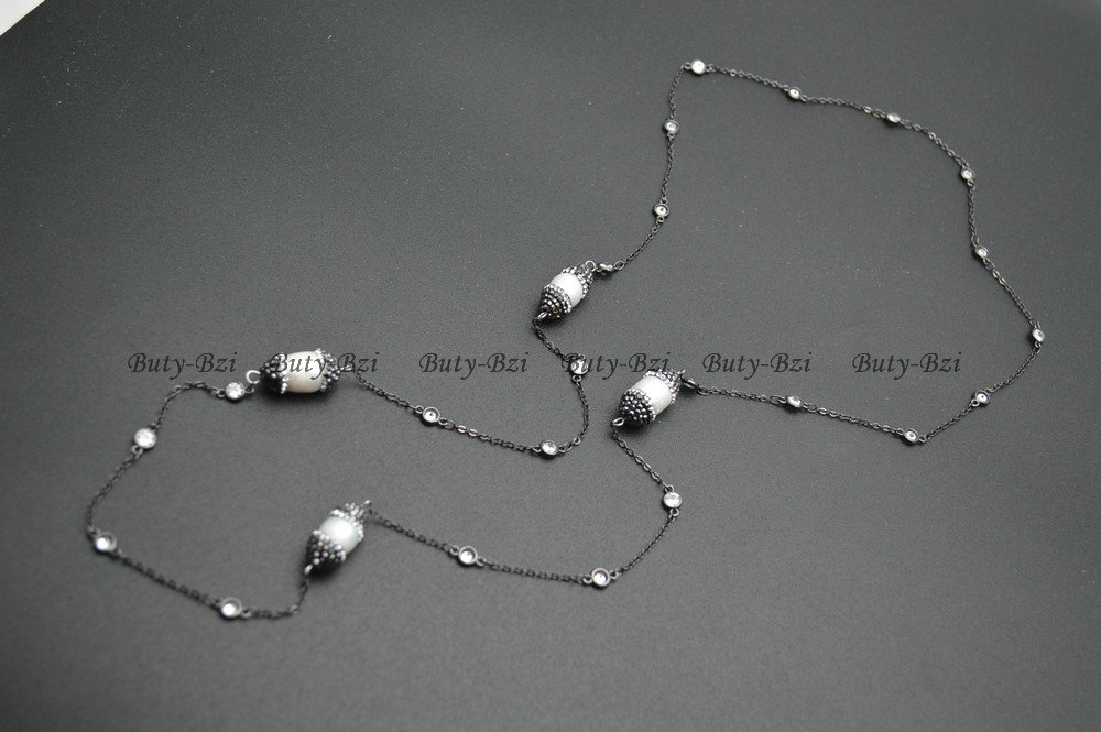 Paved Black Crystal Natural White Fresh Water Potato Pearl Linked with CZ Beads Long Chains Necklace Fashion Sweater Jewelry