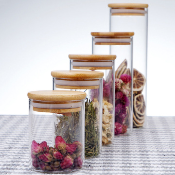 175ml Clear Glass Jar Sealed Canister Food Storage Container For Loose Tea Coffee Bean Sugar Salt (6.5*8CM, With Bamboo Lid)