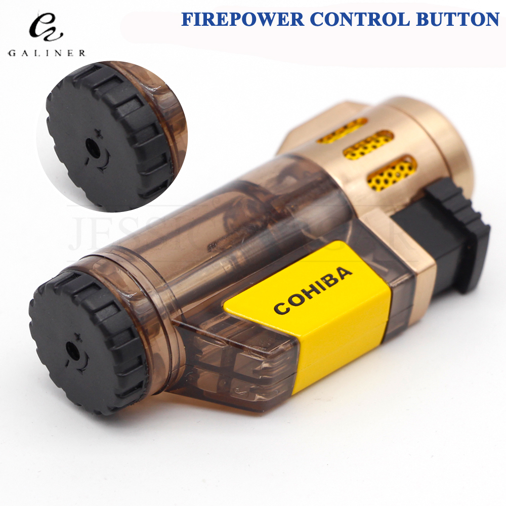 COHIBA Gadgets Men Transparent Butane Gas Lighter Winproof 3 Jet Flame Torch Lighter Cigarette Smoking Lighters For Cigar