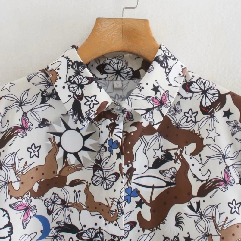 Women Butterfly Flower Printing Long Sleeve Shirts Female Turndown Collar Blouses Casual Lady Loose Tops Blusas S8171