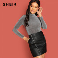 SHEIN Grey Highstreet Stand Collar Glitter Tee Modern Lady Long Sleeve Slim Fit T Shirt Autumn Casual Workwear Women Tshirts Top
