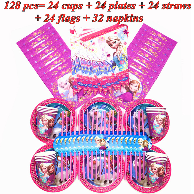 128pcs Frozen Theme Elsa Anna Party Supplies Disposable Paper Cups Plate Straws Flags Birthday Decorations Snow Princess Napkins
