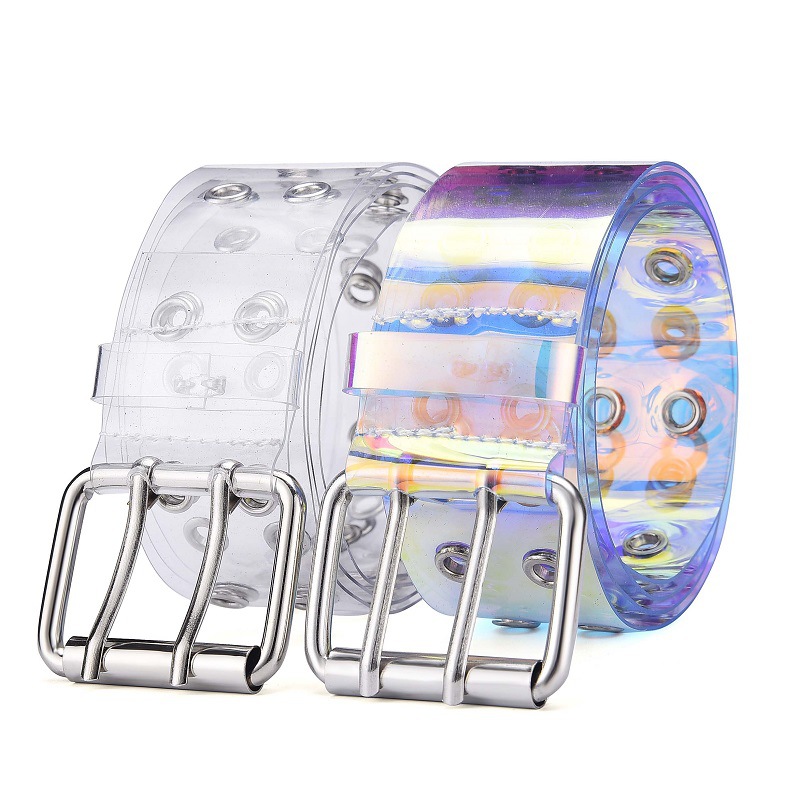 2020 Transparent Two Row PVC Belt Women Fashion Laser Invisible Square Pin Buckle Multihole Dazzling Belts For Ladies Waistband