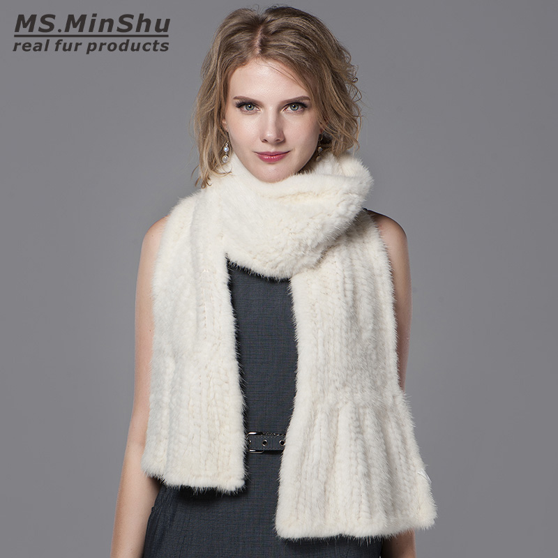 Ms.MinShu Natural Mink Fur Scarf Hand Knitted Long Mink Fur Scarf Woman Winter Scarf Wrap Genuine Mink Fur Shawl Female