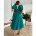 HONGFUYU Teal Green Dotted Tulle Prom Cocktail Dresses Tea Length A-line Evening Gowns Puff Sleeves Buttoned Top robe de soirée